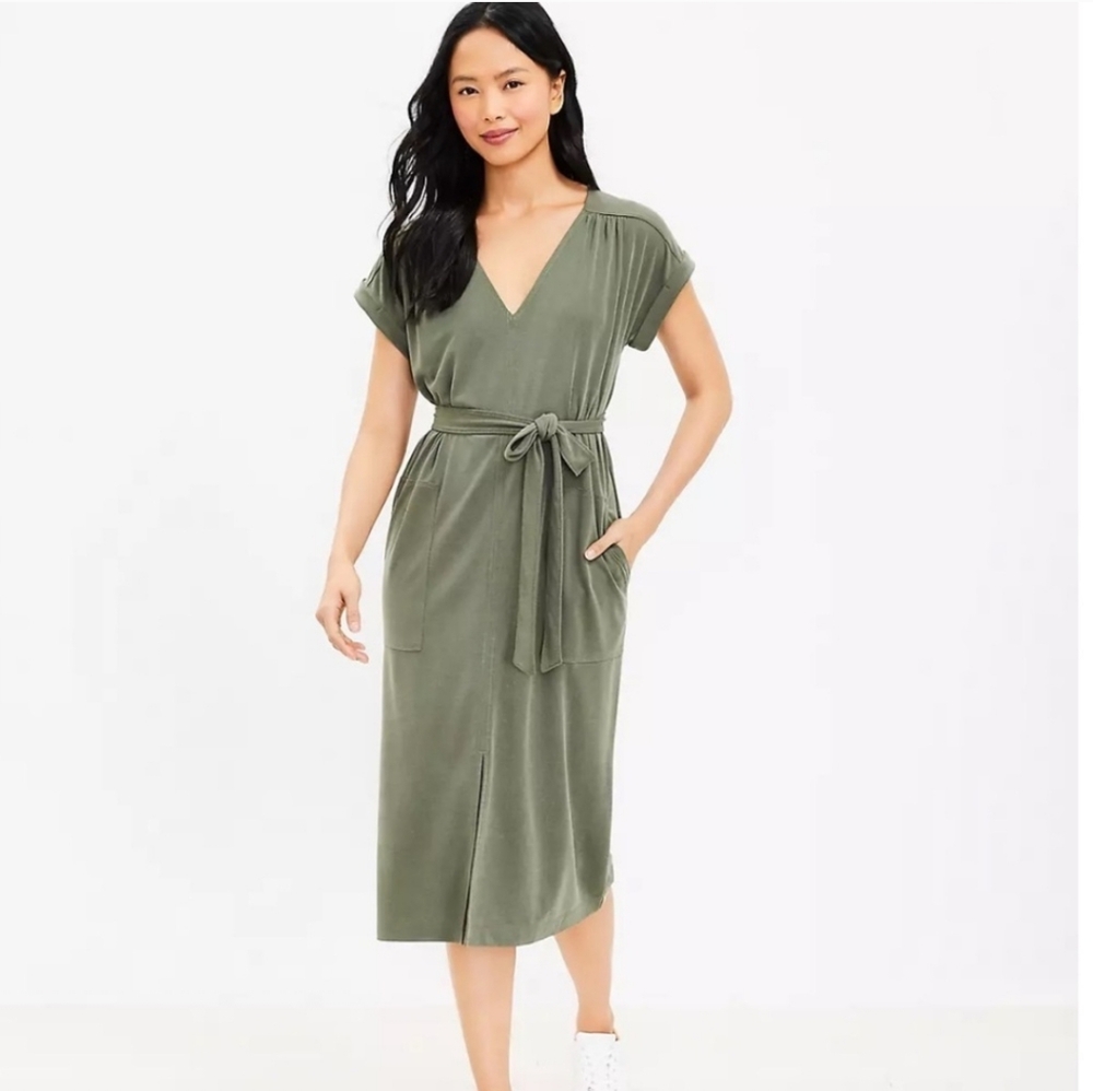 Lou & Grey Sandwashed Midi Pocket Dress Belted Sheath Dress in Olive Green Sz S